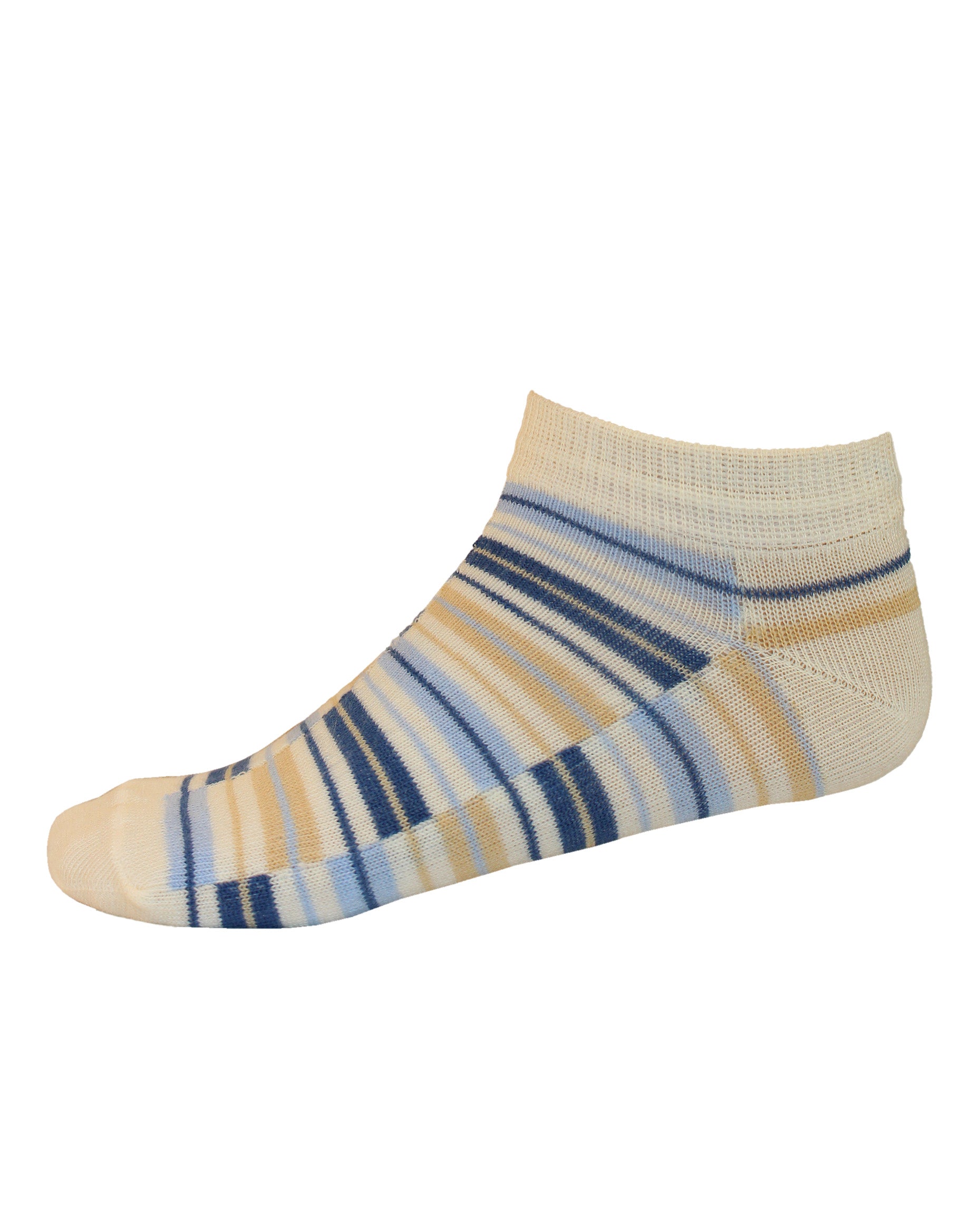 Omsa Serenella Harry Calzino - Children's low ankle cotton sneaker ankle socks with a linear stripe pattern in cream, light blue, navy and beige.