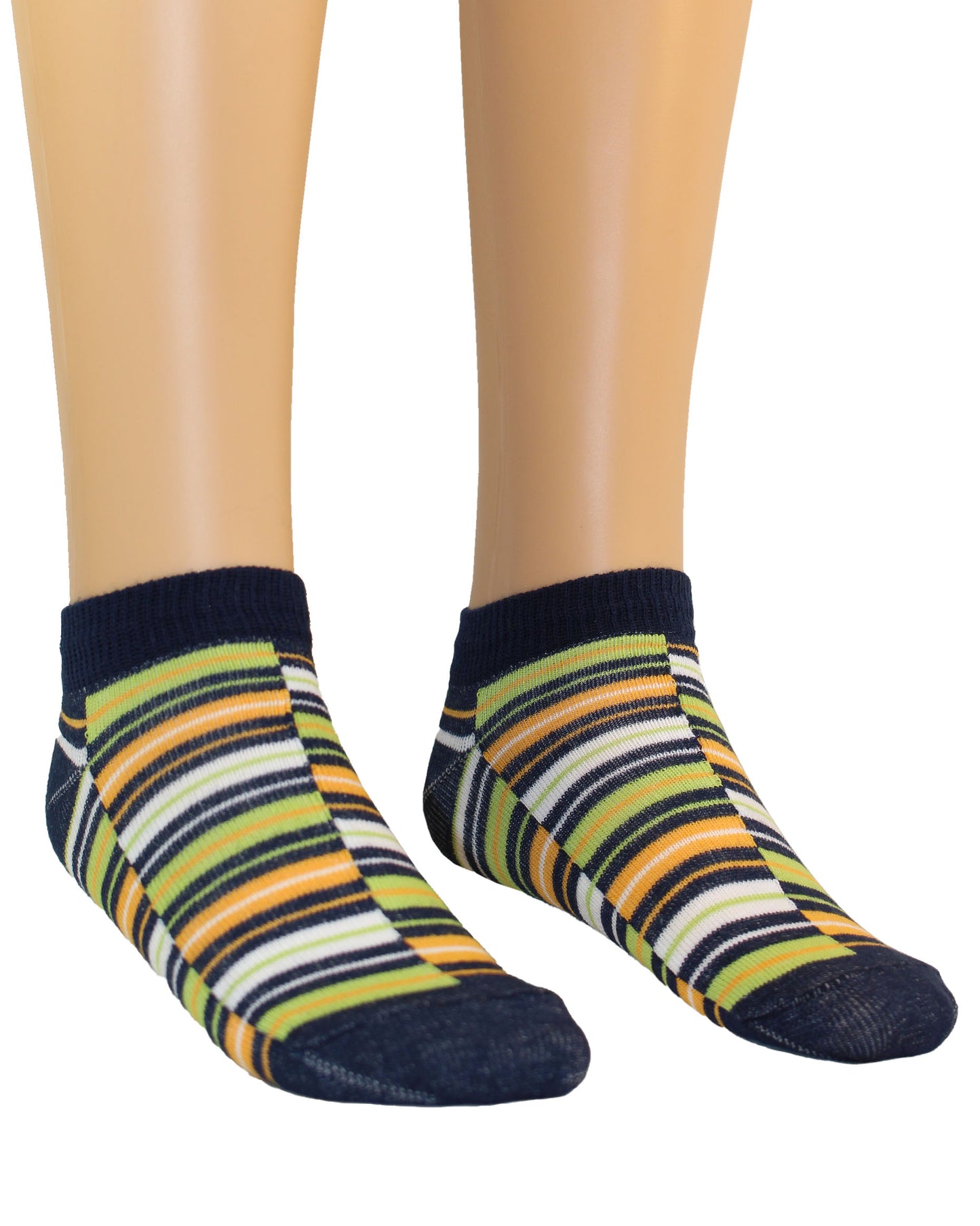 Omsa Serenella Harry Calzino - Kid's low ankle cotton sneaker ankle socks with a linear stripe pattern in navy, orange, lime green and white.