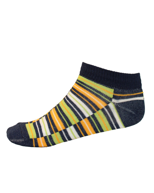 Omsa Serenella Harry Calzino - Children's low ankle cotton sneaker ankle socks with a linear stripe pattern in navy, orange, lime green and white.