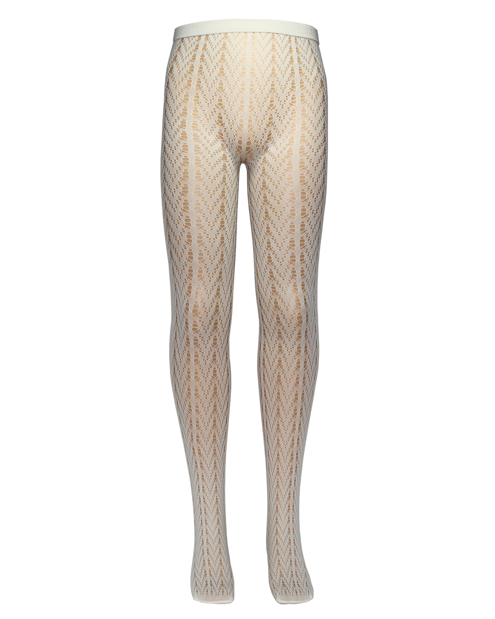 Omsa Incanto Tights - Soft cream openwork chevron crochet style lace kid's tights.