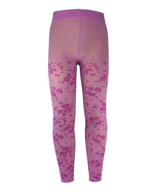 Omsa Lavanda Pantacollant - Soft pink semi opaque kid's footless tights with a woven floral pattern and soft roll cuff edge.