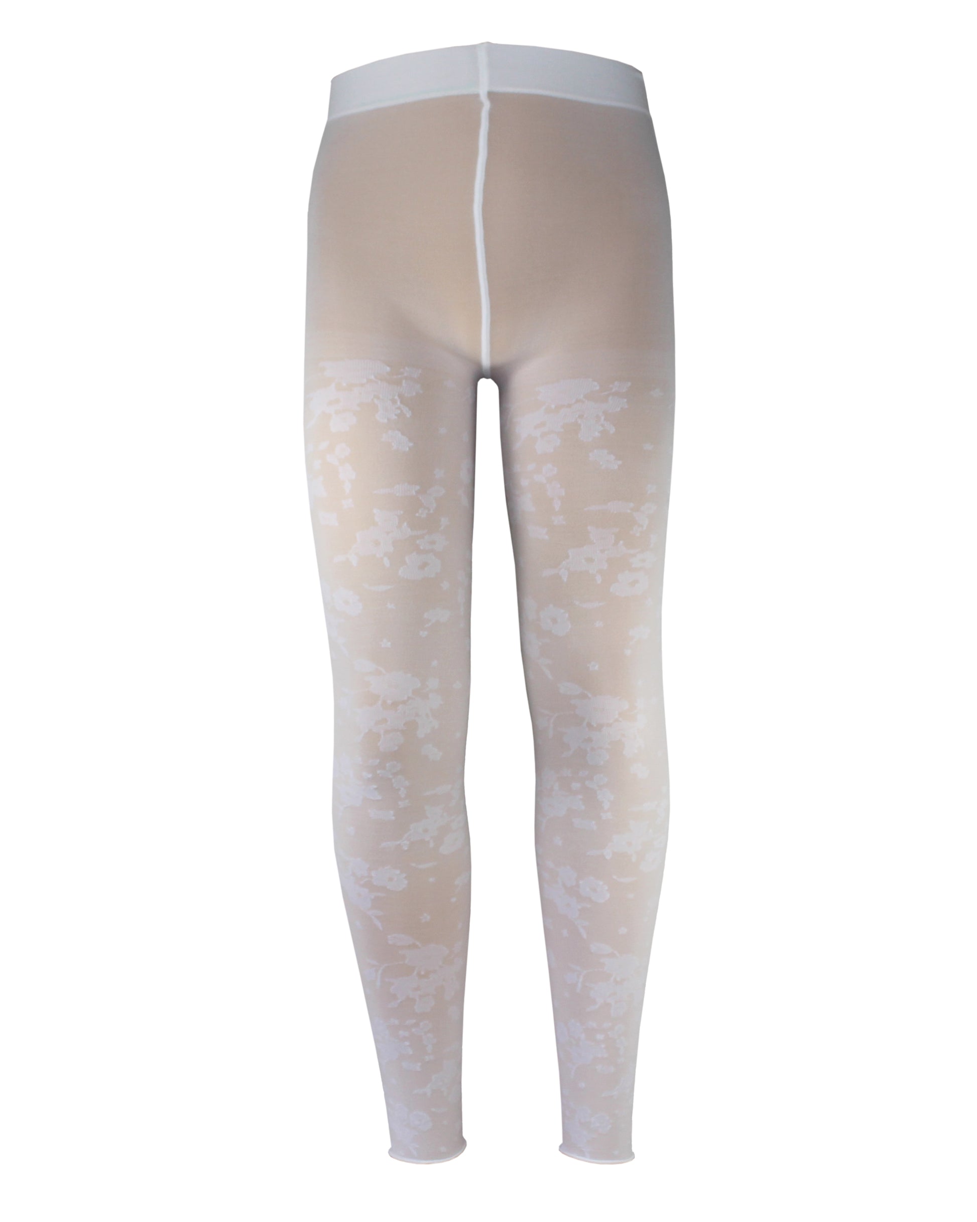 Omsa Lavanda Leggings - Soft white semi opaque kid's footless tights with a woven floral pattern and soft roll cuff edge.