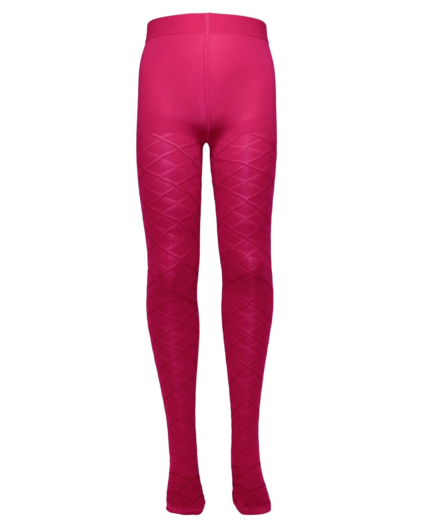 Omsa Serenella Lily Collant - Bright pink (fuxia) opaque children's tights with a woven glossy diamond shape pattern, plain top and deep comfort waist band.