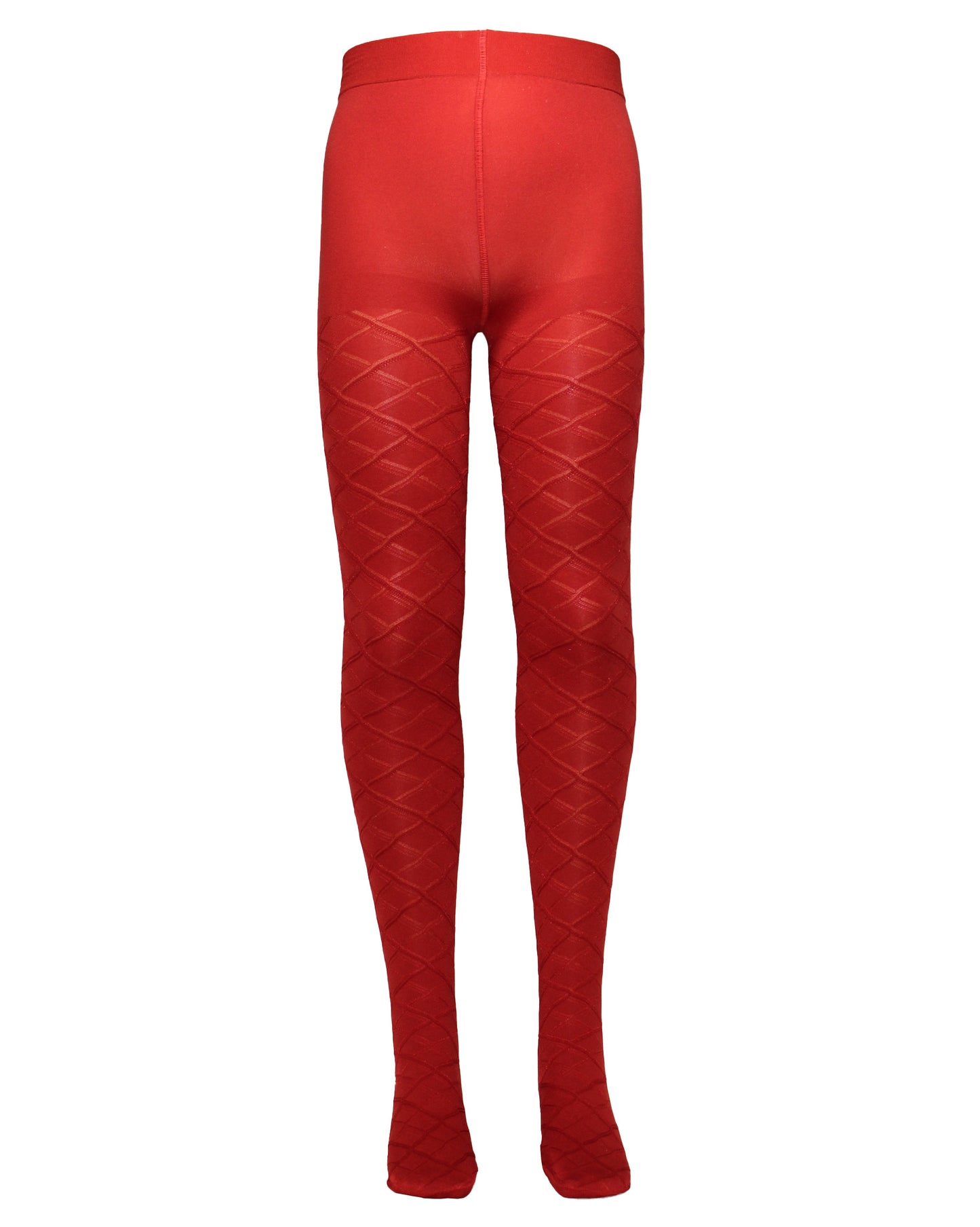 Omsa Serenella Lily Collant - Bright red opaque children's tights with a woven glossy diamond shape pattern, plain top and deep comfort waist band.