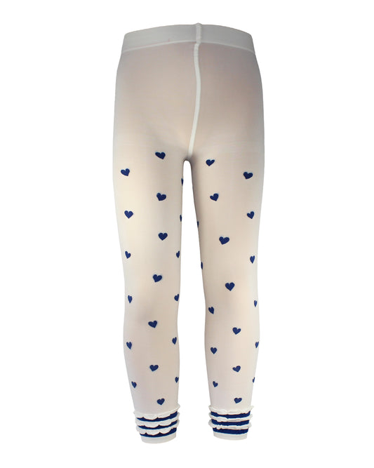 Omsa Fancy Pantacollant - Soft semi-opaque ivory cream kid's footless tights with an all over woven heart pattern in navy with a ruched striped cuff.