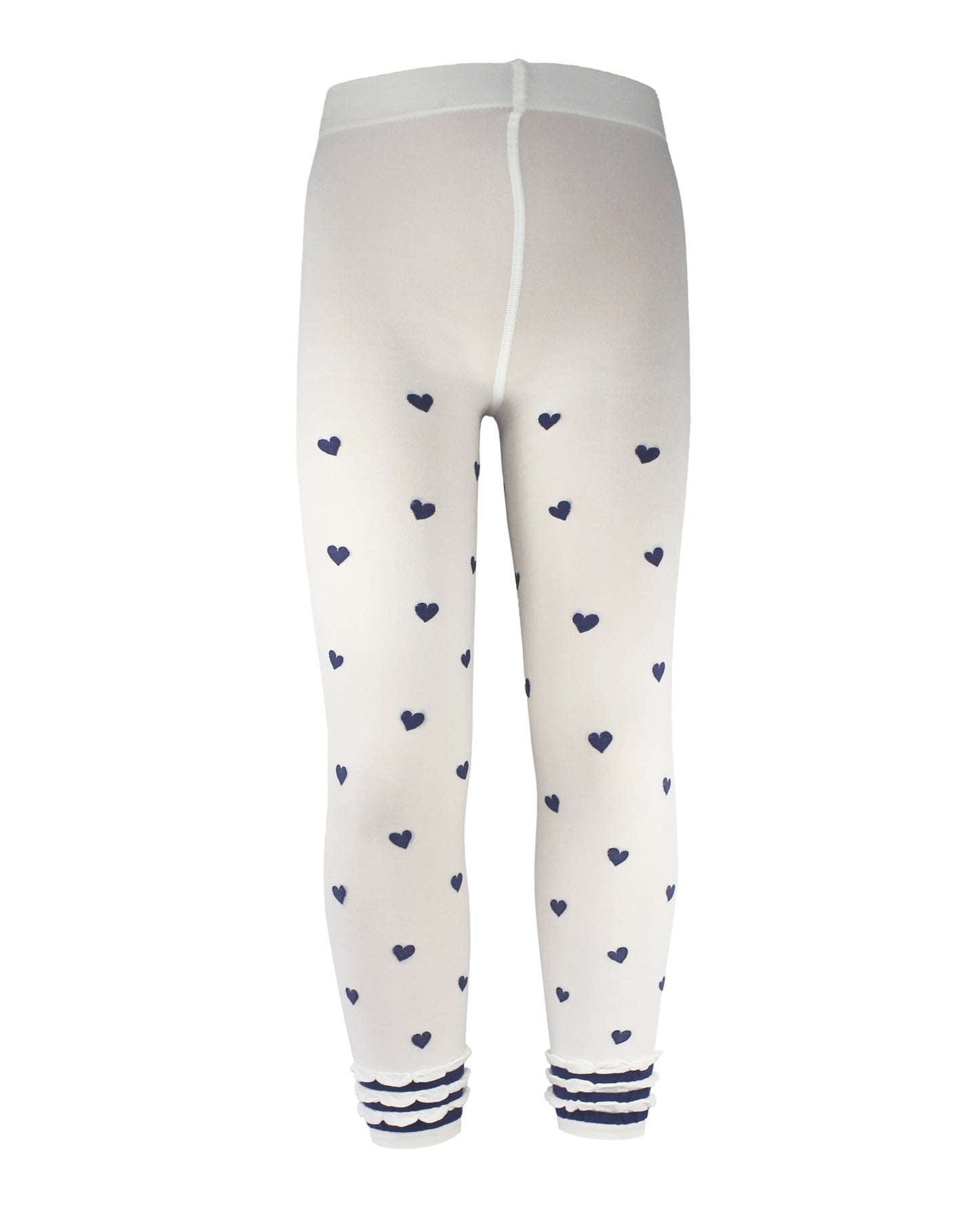 Omsa Fancy Leggings - Soft semi-opaque white kid's footless tights with an all over woven heart pattern in navy with a ruched striped cuff.