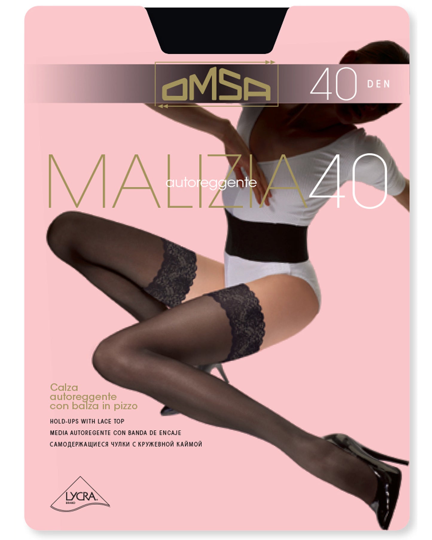 Omsa 527 Malizia 40 Autoreggente - Black semi opaque satin finish hold-ups with a floral lace top with 2 strips of silicone and invisible toe.