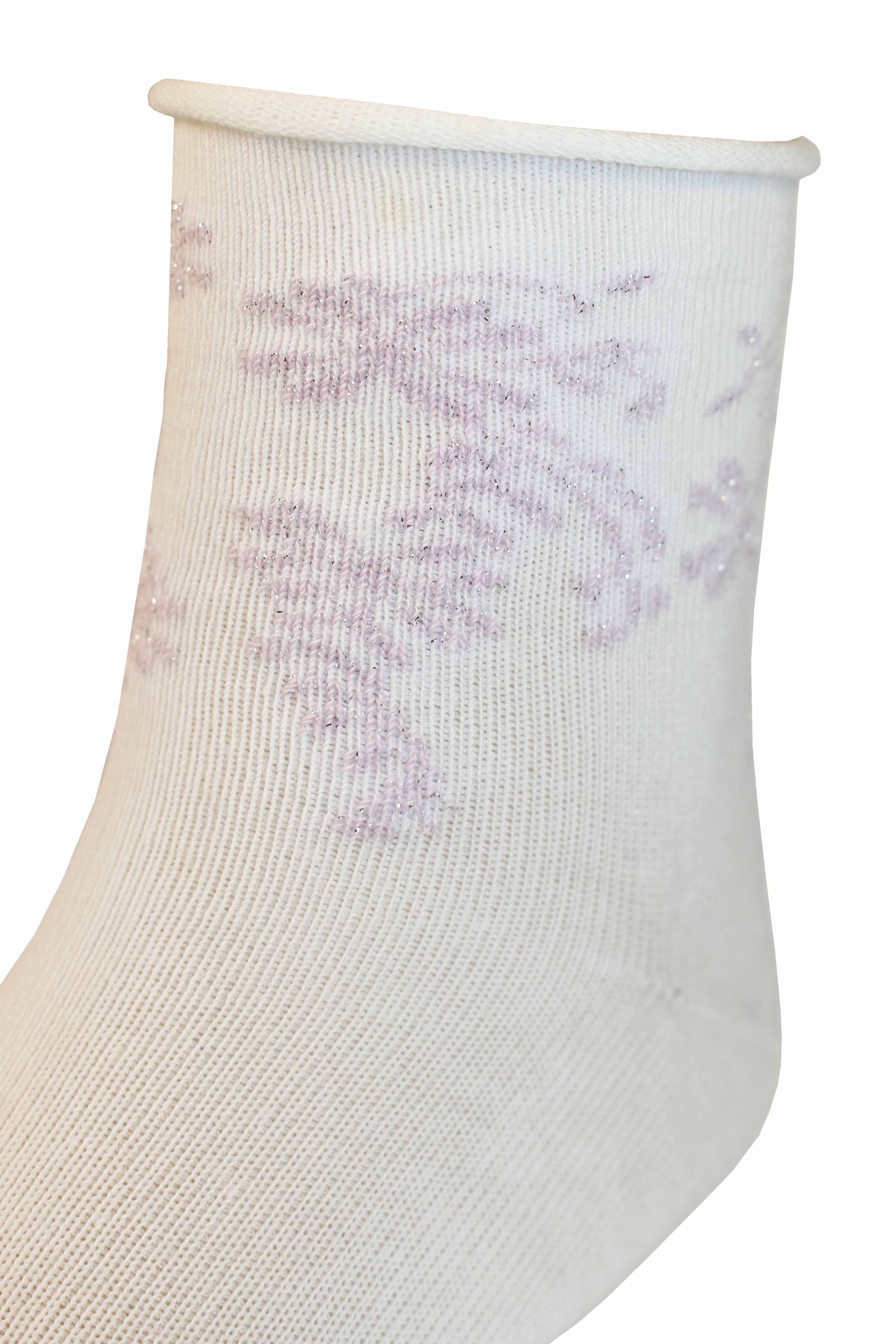Omsa Serenella Origami Calzino - Light pink kid's cotton ankle socks with a horizontal stripe pattern in pastel shades of lilac, pink, yellow and white with a double sock effect cuff with scalloped edge on one cuff and roll top no cuff on the other with a floral pattern.