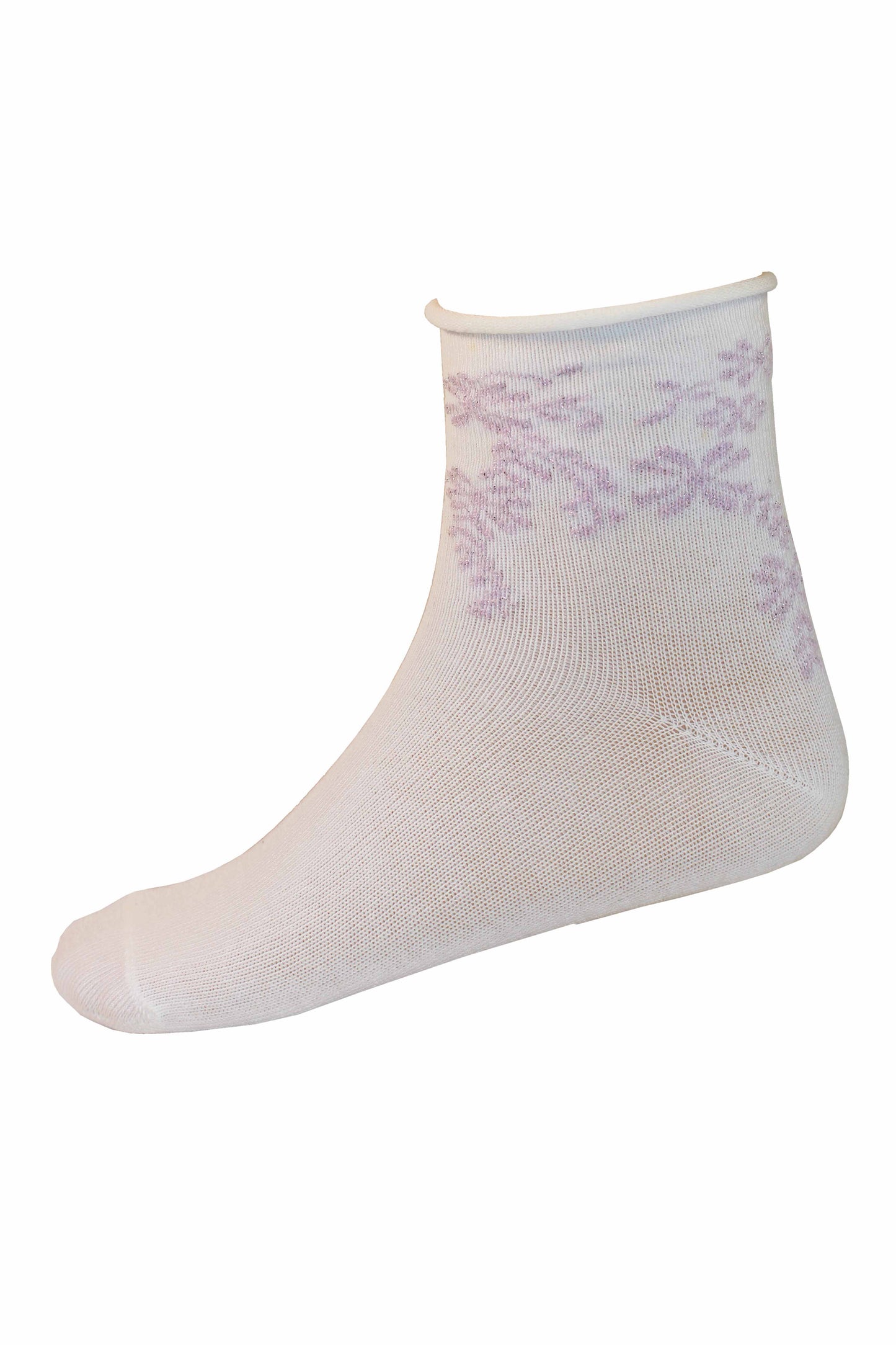 Omsa Serenella Origami Calzino - Light pink children's cotton ankle socks with a horizontal stripe pattern in pastel shades of lilac, pink, yellow and white with a double sock effect cuff with scalloped edge on one cuff and roll top no cuff on the other with a floral pattern.