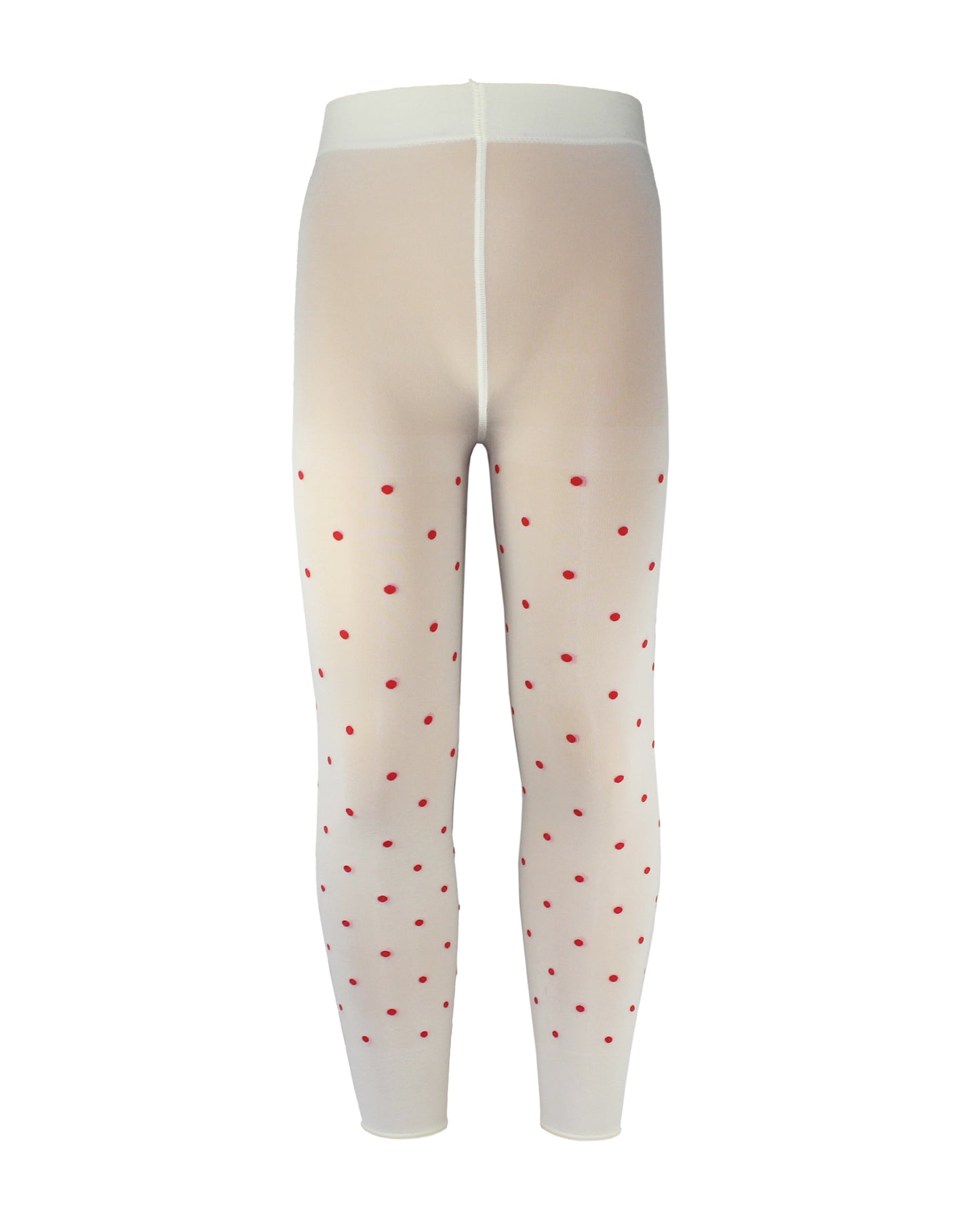 Omsa Papillon Leggings - Soft opaque cream kid's footless tights with an all over red polka dot spot pattern and a striped white and black ribbon bow with red twine on the back.