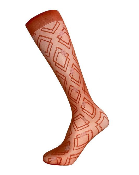 Omsa Poison Gambaletto - Sheer orange fashion knee-high socks with a woven geometric diamond style pattern with white square shapes and a plain comfort cuff.