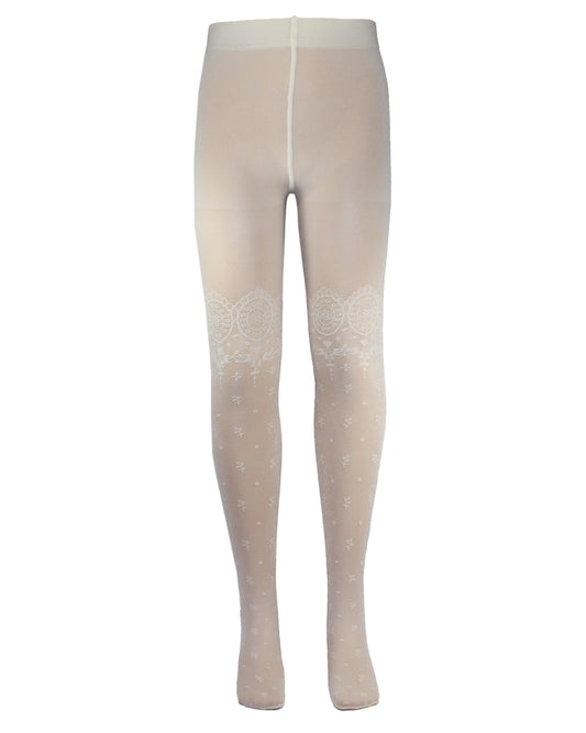 Omsa Cordoba Collant - Cream ivory semi opaque micro mesh kid's fashion tights with an all over woven flower and spot pattern and circular lace effect over the knee bands.