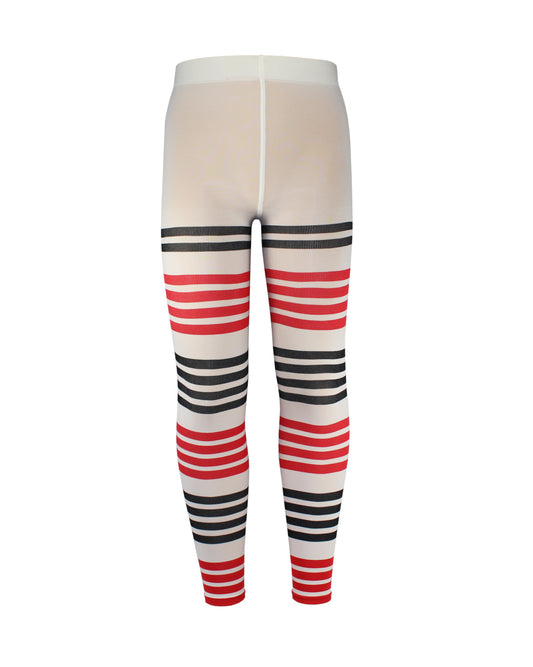 Omsa Popeye Leggings - Soft ivory opaque kid's footless tights with a red and black horizontal stripe pattern.