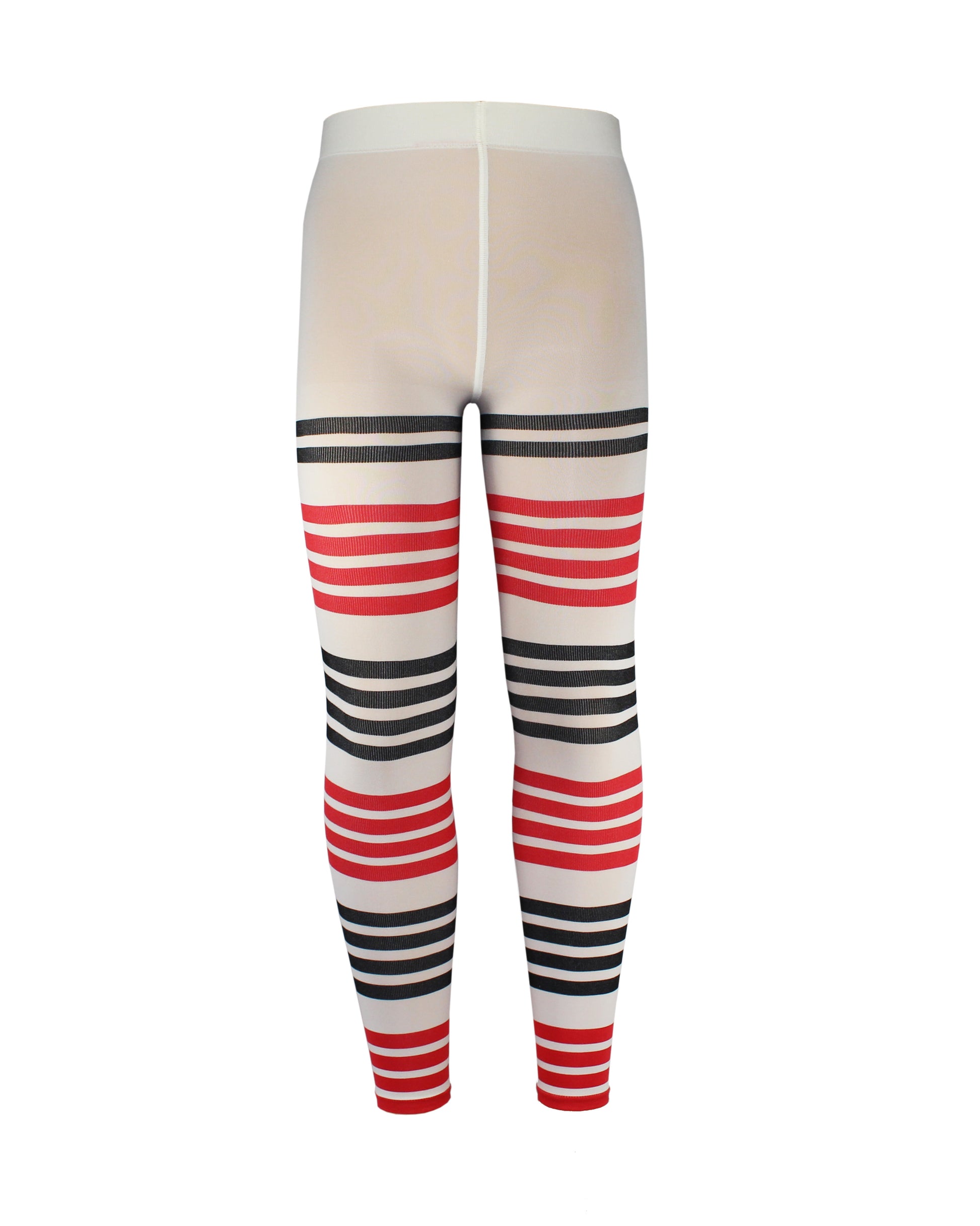 Omsa Popeye Leggings - Soft ivory opaque kid's footless tights with a red and black horizontal stripe pattern.