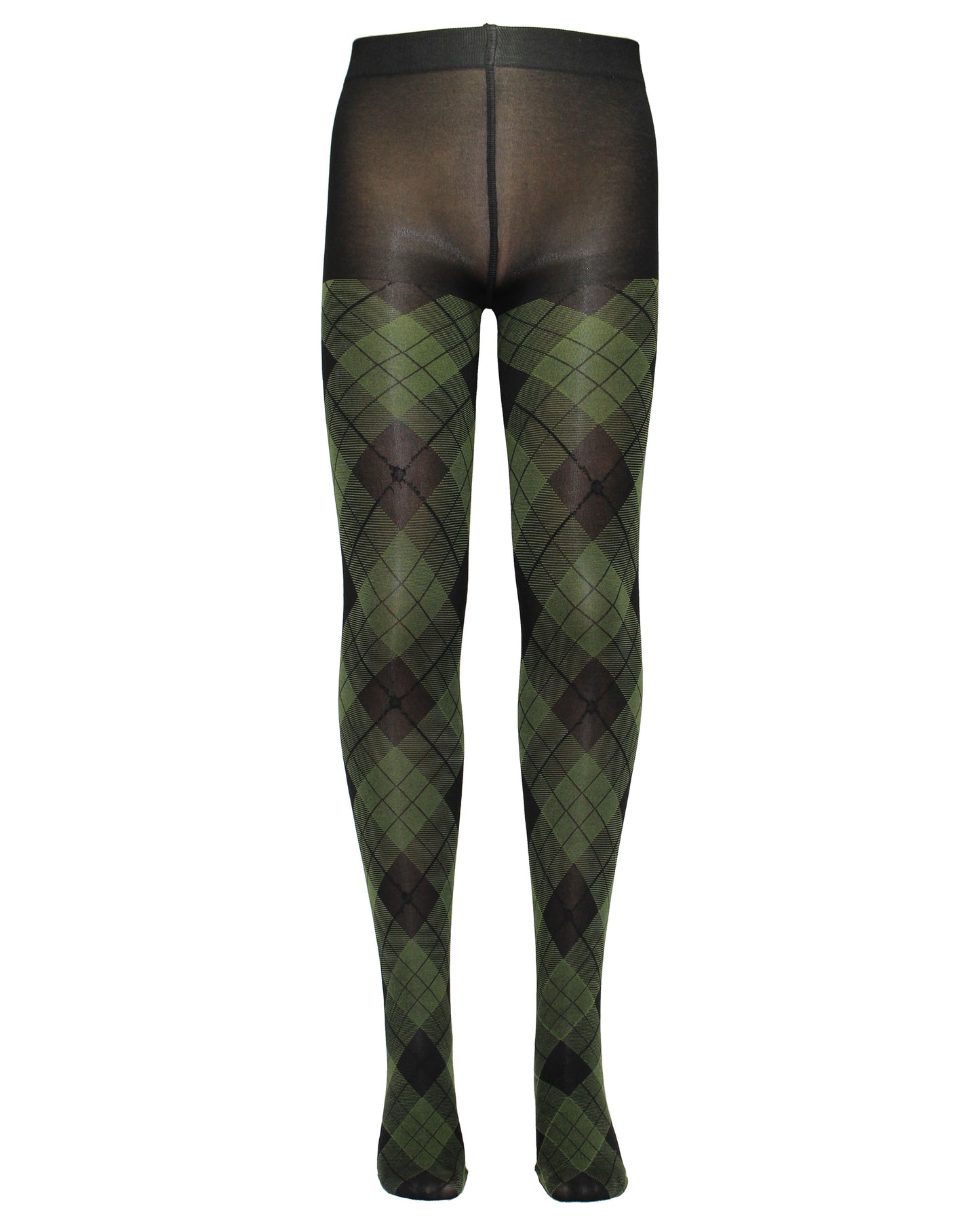 Omsa Serenella Shire Collant - Black opaque children's fashion tights with an olive green tartan / argyle style pattern.