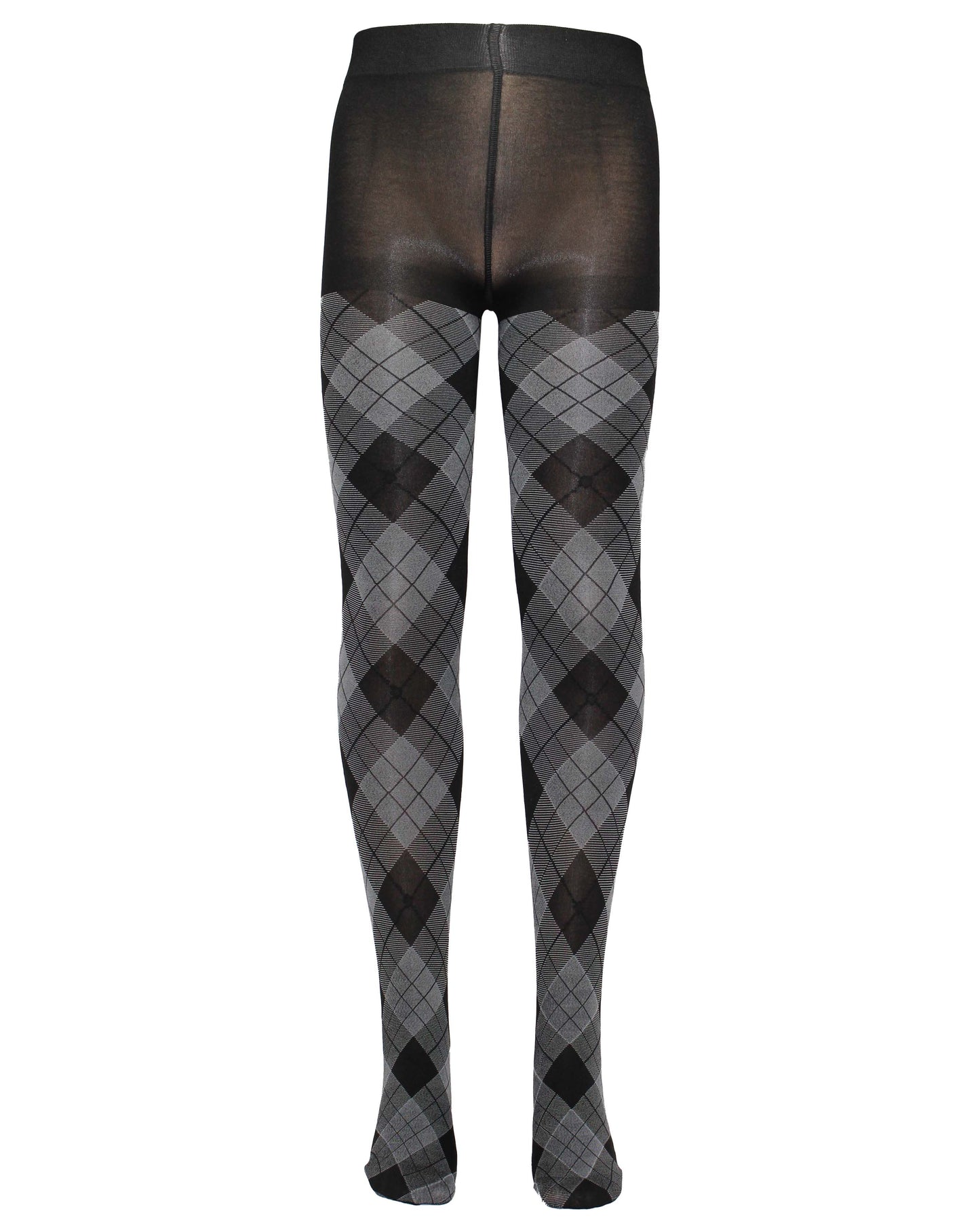 Omsa Serenella Shire Collant - Black opaque children's fashion tights with a light grey tartan / argyle style pattern.