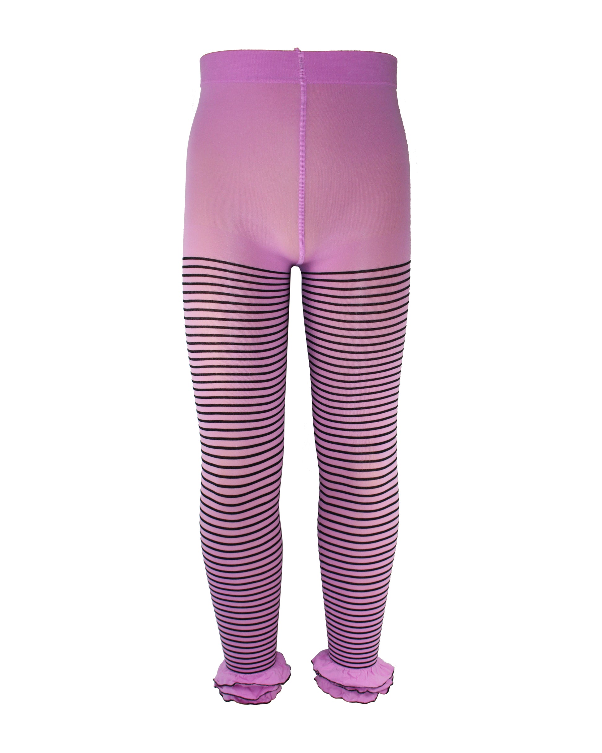 Omsa St. Tropez Leggings - Soft mauve pink opaque kid's footless tights with a black horizontal stripe pattern and frilly ruched cuff.