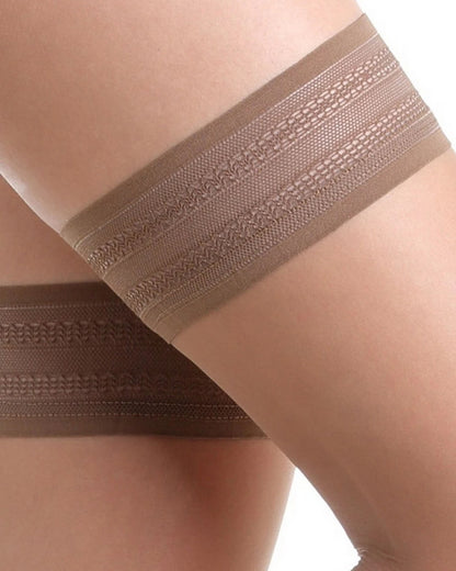 Omsa Sunlight Autoreggente - tan ultra transparent 8 denier hold ups with embroidered top, close up detail of cuff.