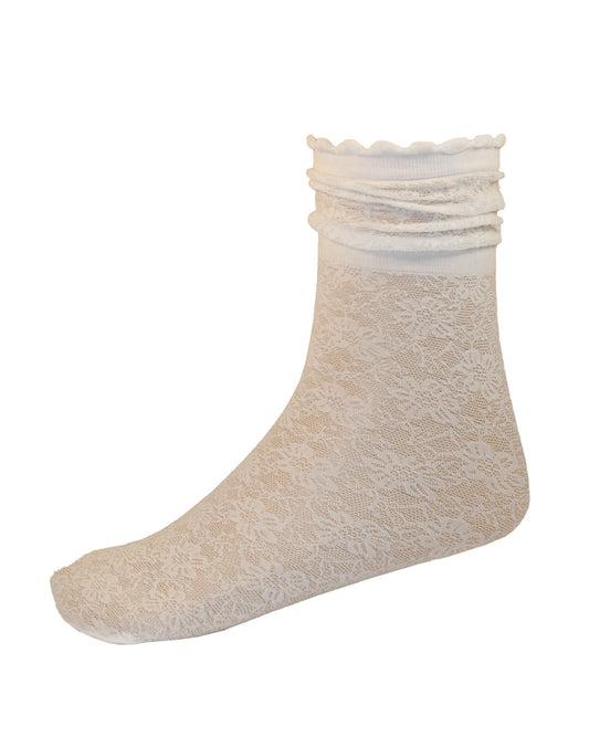 Omsa Suzette Calzino - Sheer white children's fashion ankle socks with a floral lace pattern, scalloped cuff with the option to scrunch down cuff to create a ruched look.