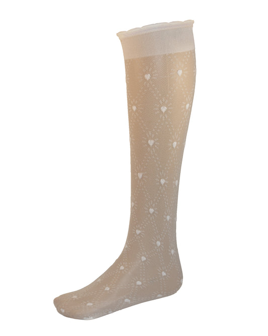 Omsa Sweetheart Gambaletto - Sheer white micro mesh children's fashion knee-high socks with a dotted diamond pattern with little hearts, deep comfort cuff wIth a scalloped edge. Perfect for first holy communions and wedding flower girls.