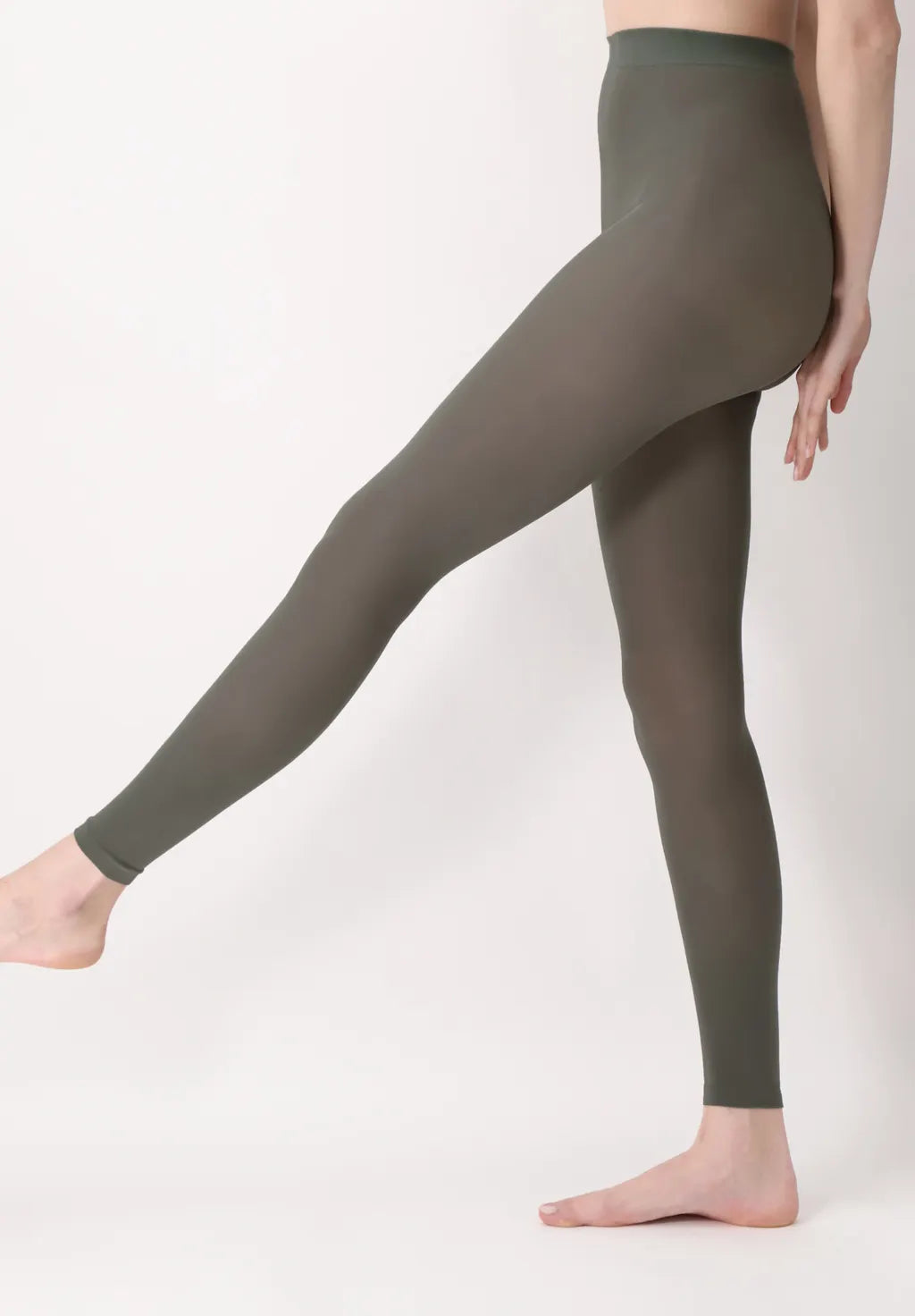 Oroblu All Colors Leggings - Military khaki green soft matte opaque footless tights with deep comfort waist band, flat seams and gusset.