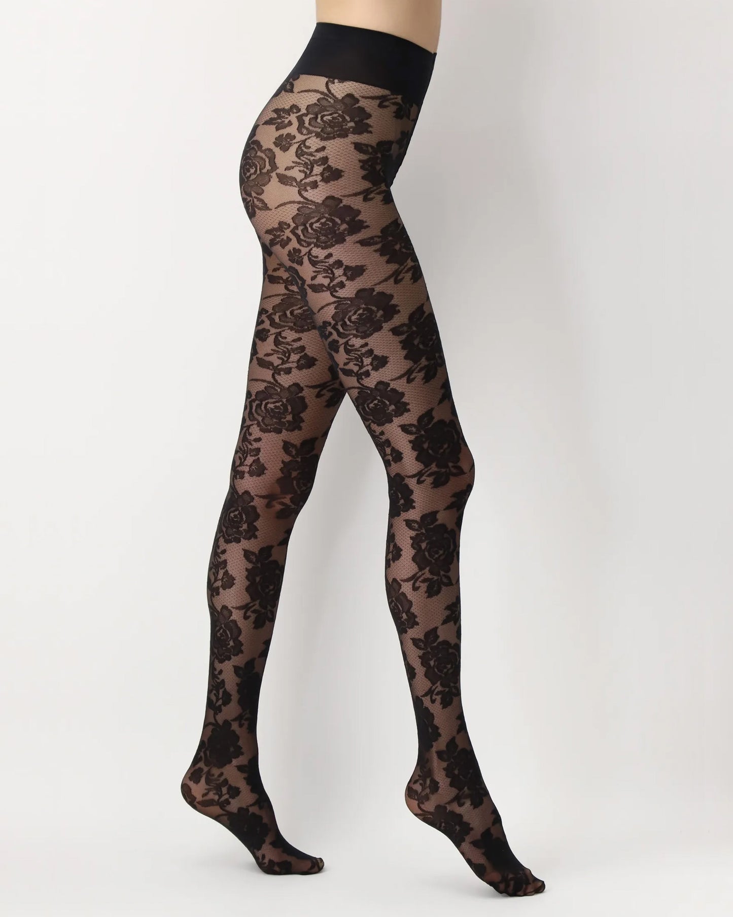 OroblÌ_ All Colors Lace Tights - Black floral lace style fashion tights with a deep comfort waistband.