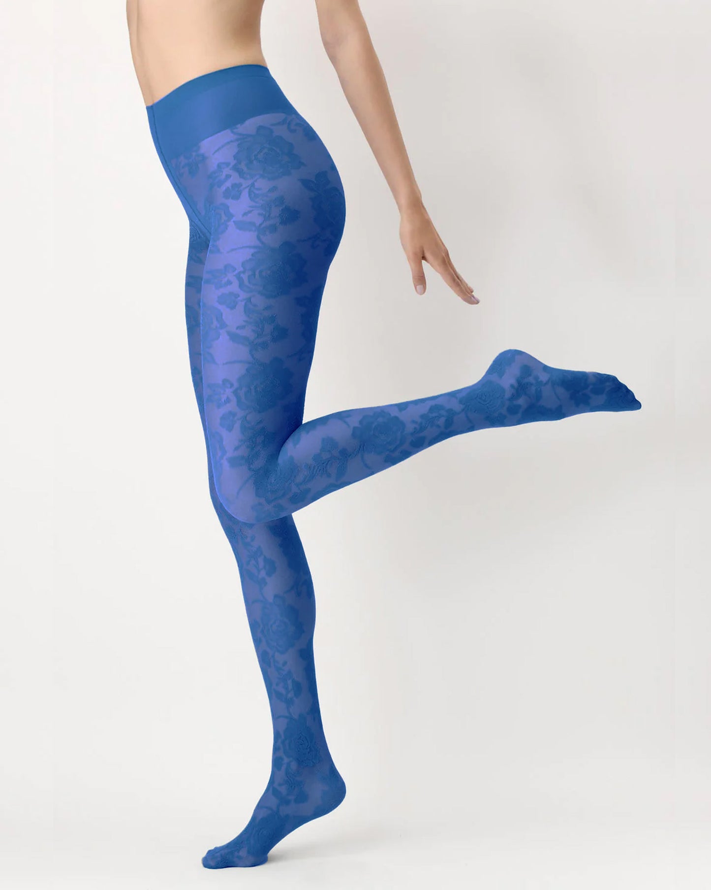 OroblÌ_ All Colors Lace Tights - Blue floral lace style fashion tights with a deep comfort waistband.