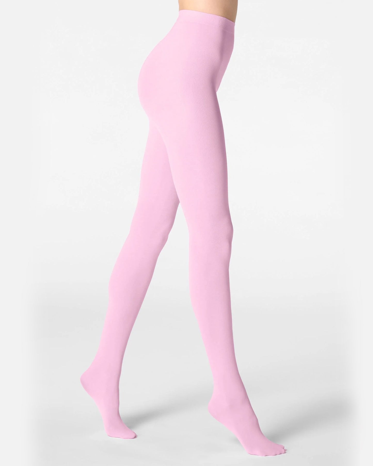 Pink tights worn by a person on a white background