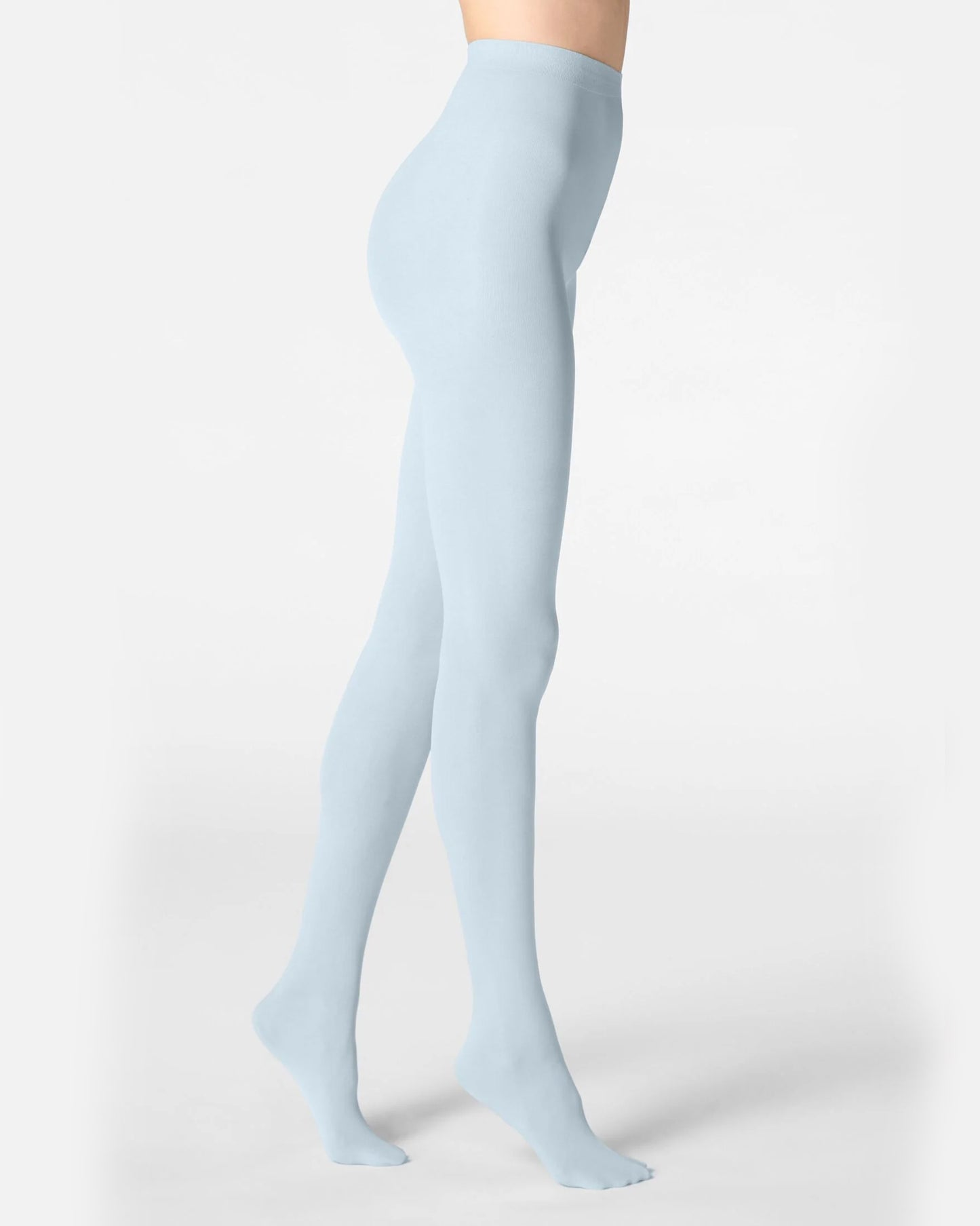 Light blue tights worn by a person on a white background