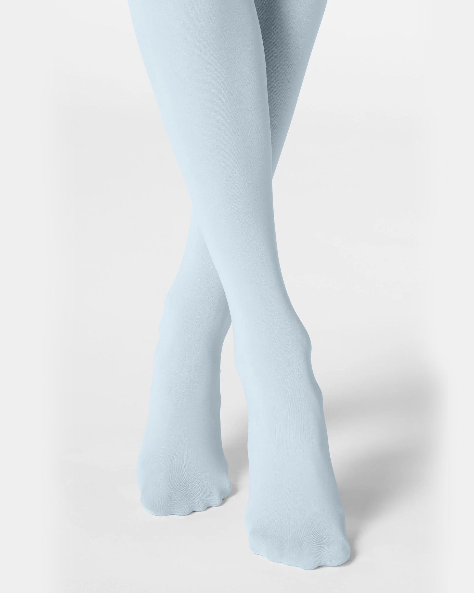 Light blue tights worn by a person on a white background