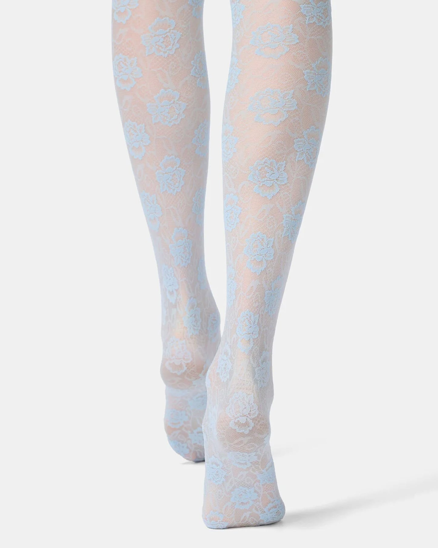 Sheer blue tights with light a flower lace pattern on a white background