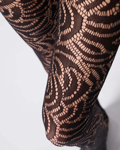 Soft black openwork floral lace style tights close up detail.