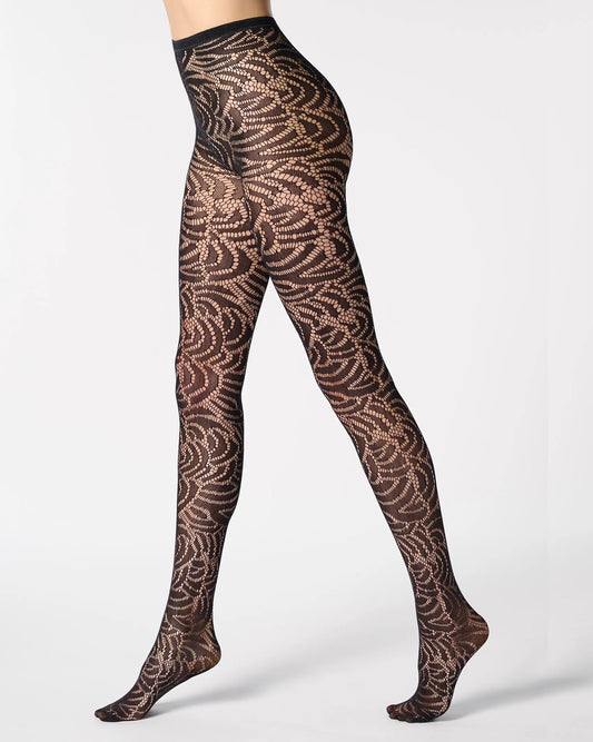Soft black openwork floral lace style tights with a seamless body.