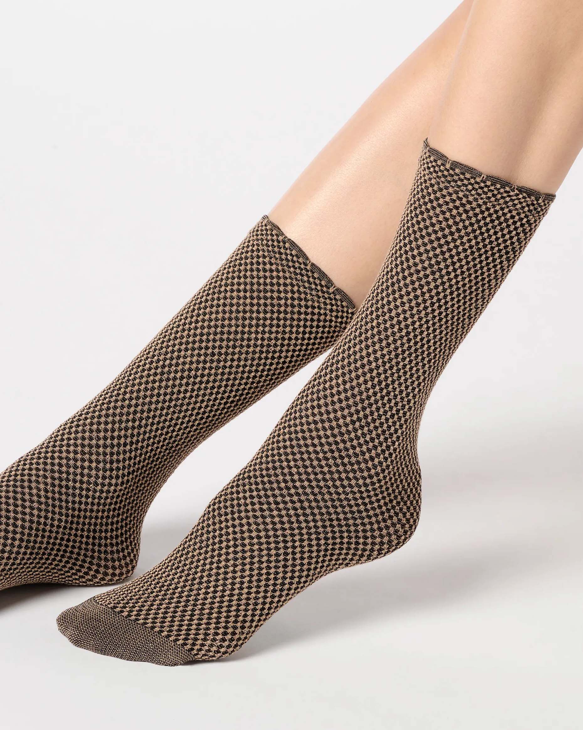 Sparkly gold and black micro checkered pattern socks
