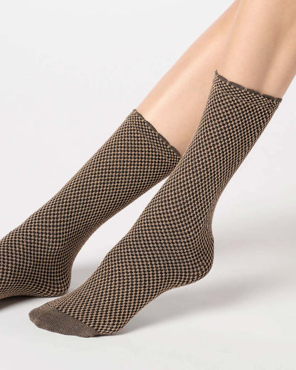 Sparkly gold and black micro checkered pattern socks