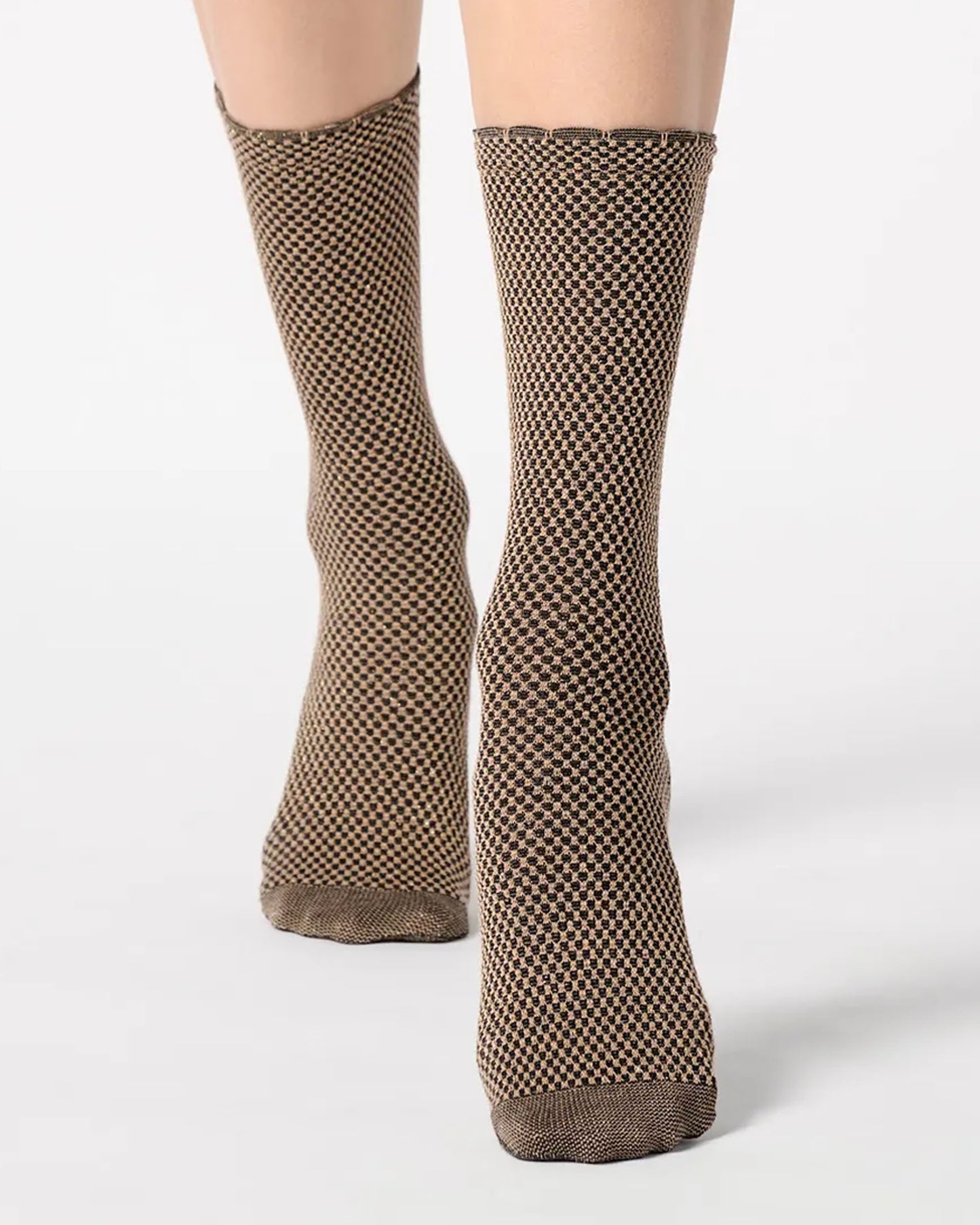 Sparkly gold and black micro checkered pattern socks