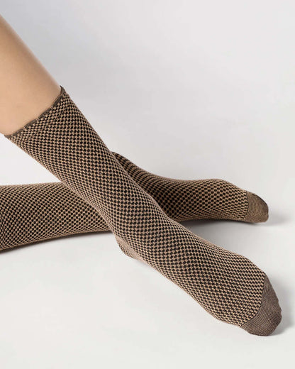 Sparkly gold and black micro checkered pattern socks