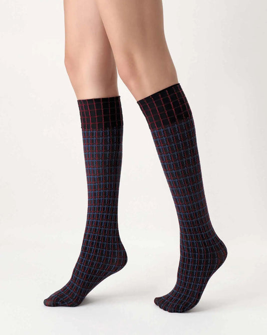 Oroblù Check Knee-High Socks - Navy opaque fashion knee-high socks with a tartan check style linear pattern in blue and red.