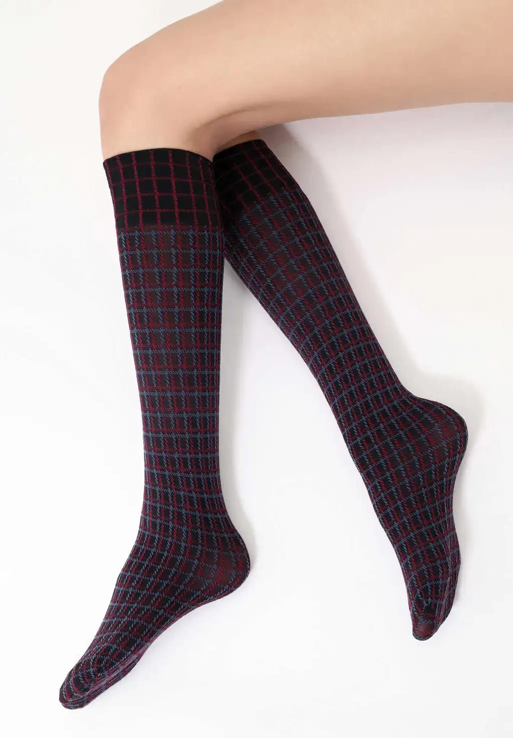 Oroblù Check Gambaletto - Navy opaque fashion knee-high socks with a tartan check style linear pattern in blue and red.