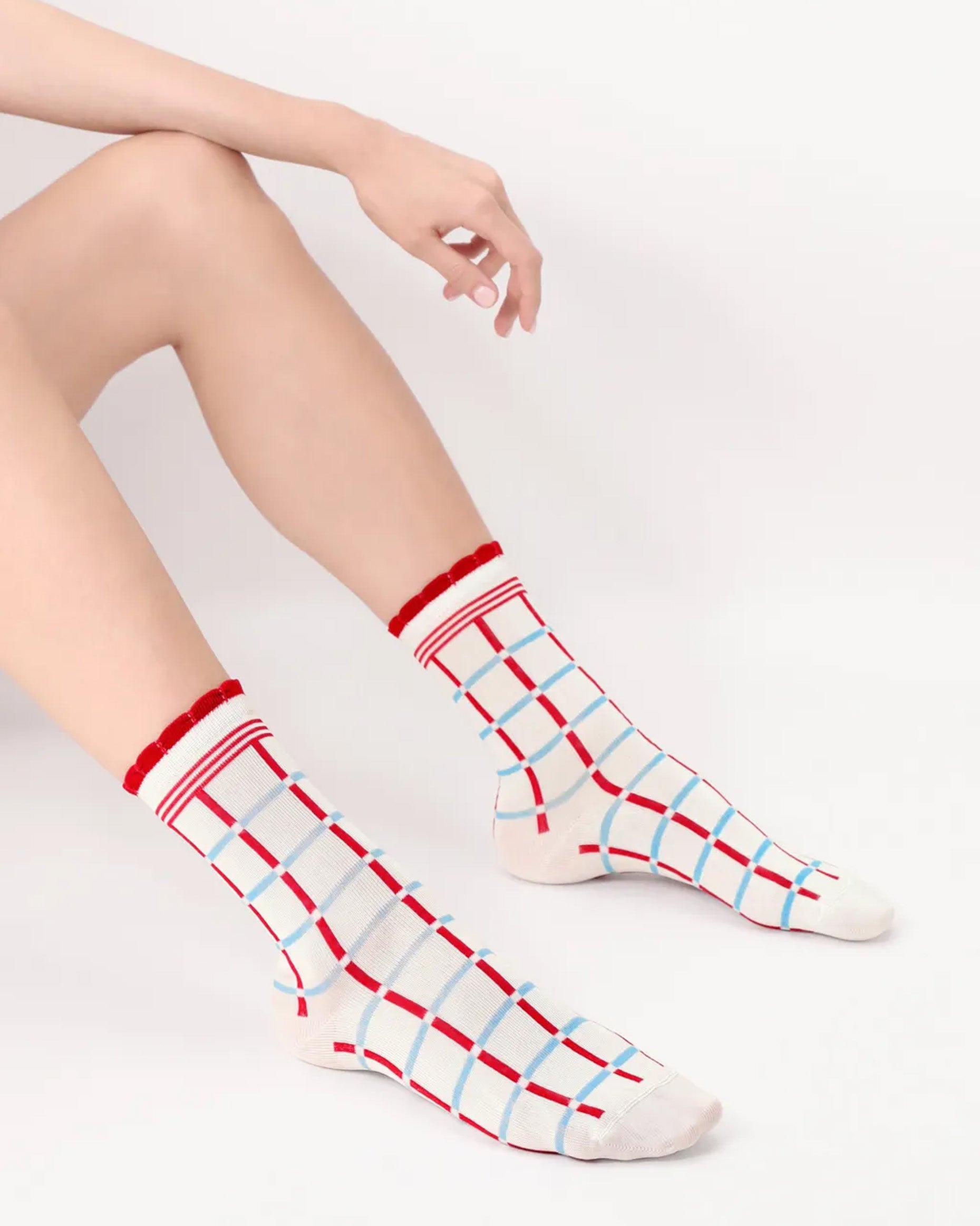 Oroblu Check Sock - Off white checked linear pattern in red and blue crew length ankle socks with a double striped cuff and frill scalloped cuff.