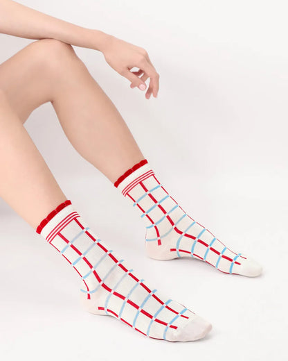 Oroblu Check Sock - Off white checked linear pattern in red and blue crew length ankle socks with a double striped cuff and frill scalloped cuff.
