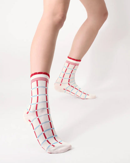 Oroblu Check Sock - Off white checked linear pattern in red and blue crew length ankle socks with a double striped cuff and frill scalloped cuff.