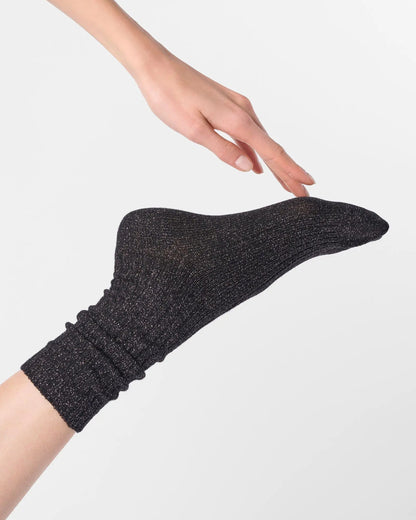 Black ribbed ankle socks with sparkly silver lamé 
