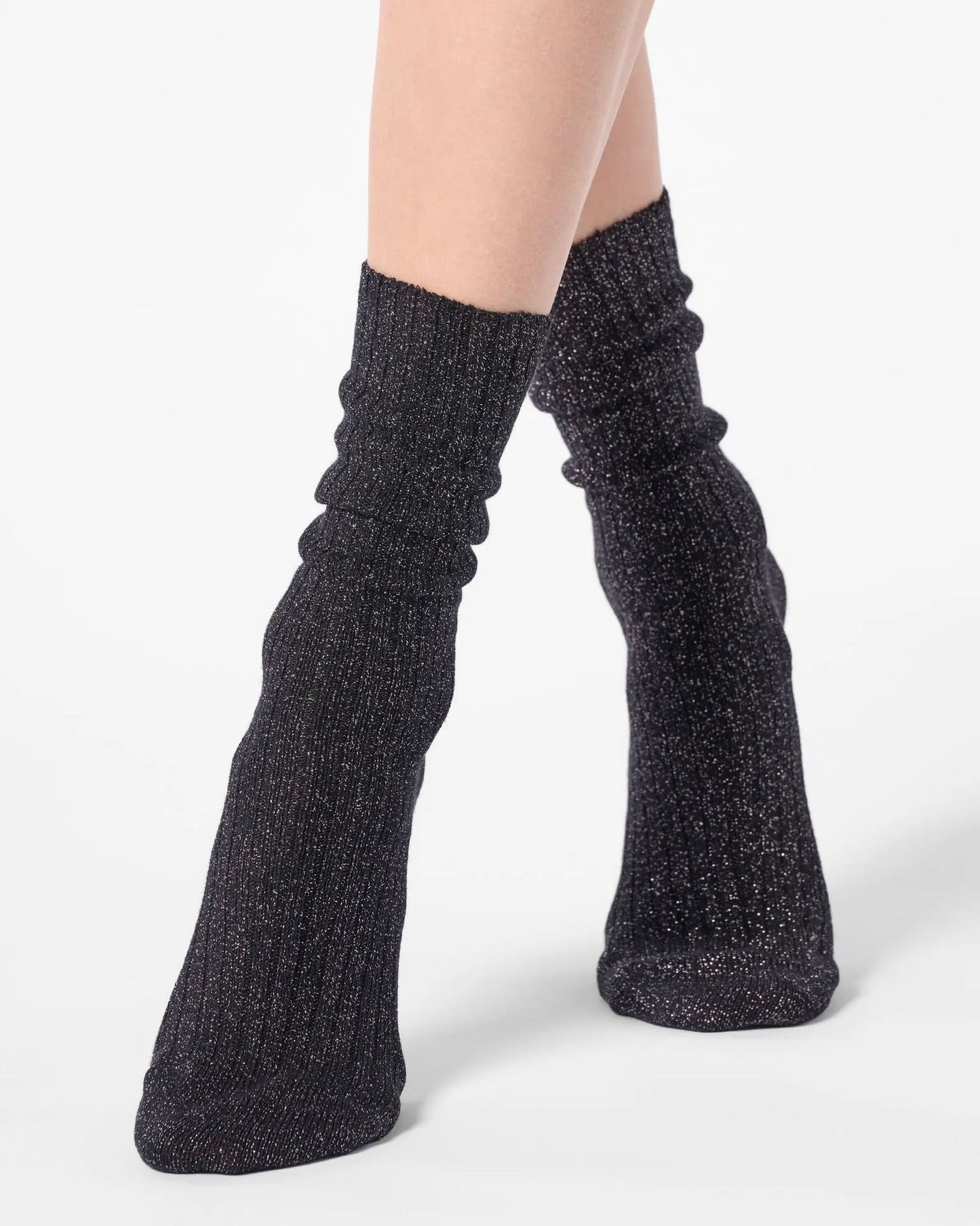Black ribbed scrunched ankle socks with sparkly silver lamé 