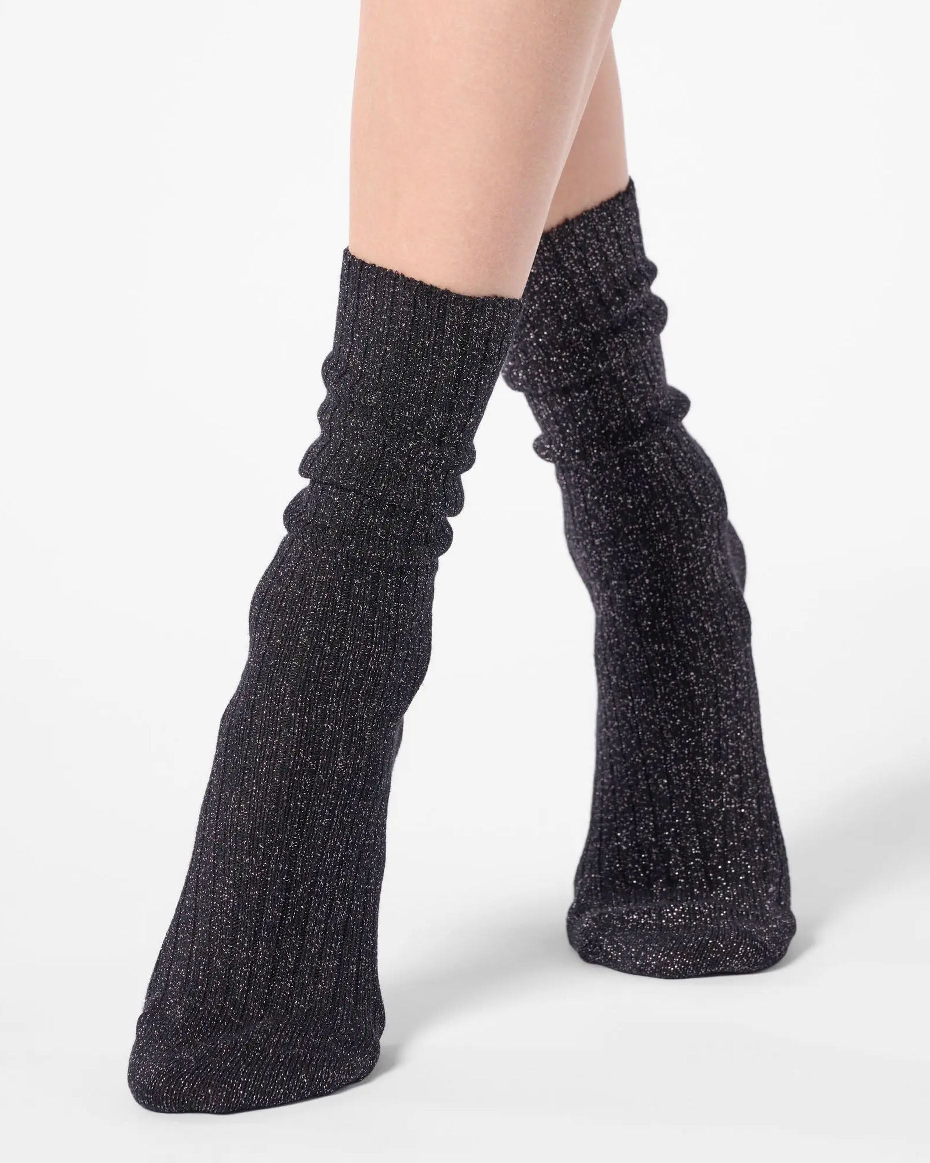 Black ribbed scrunched ankle socks with sparkly silver lamé 