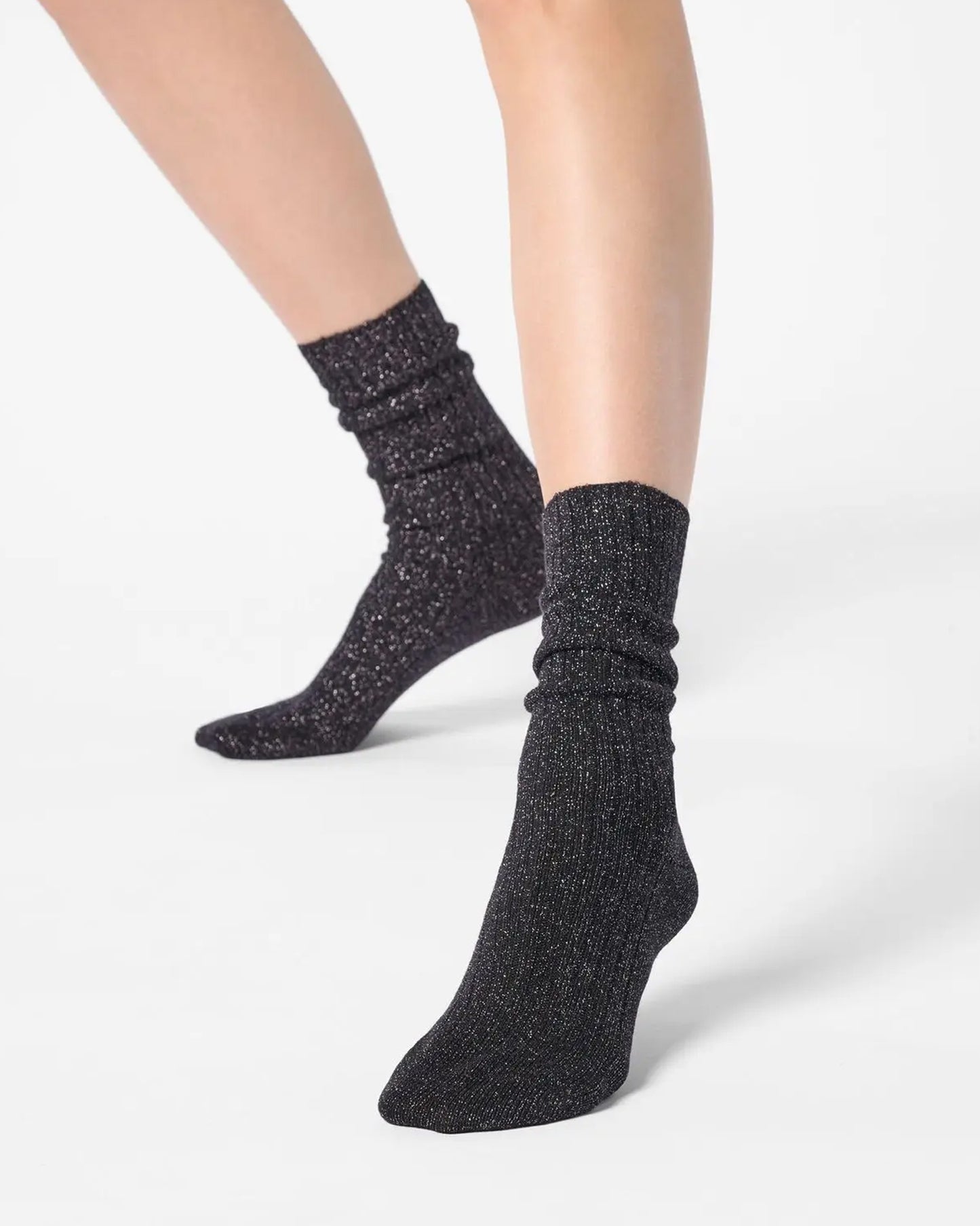 Black ribbed scrunched ankle socks with sparkly silver lamé 