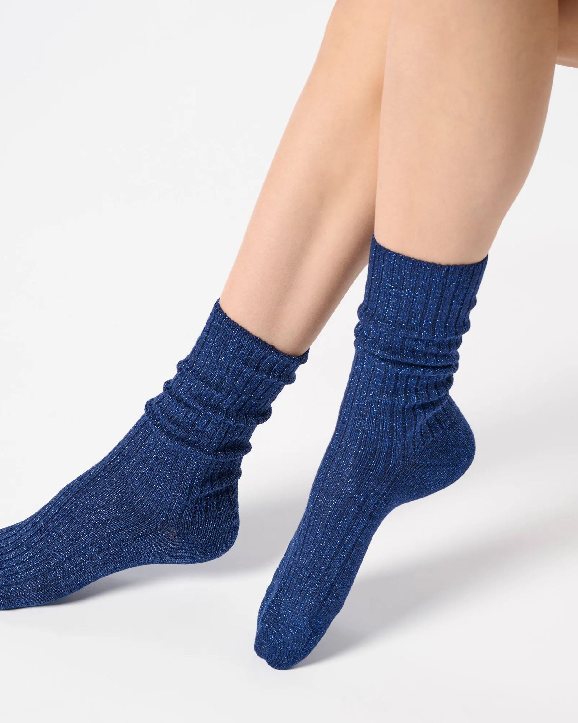 Dark blue ribbed scrunched ankle socks with sparkly silver lamé 