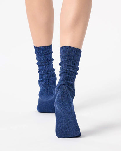 Dark blue ribbed scrunched ankle socks with sparkly silver lamé 