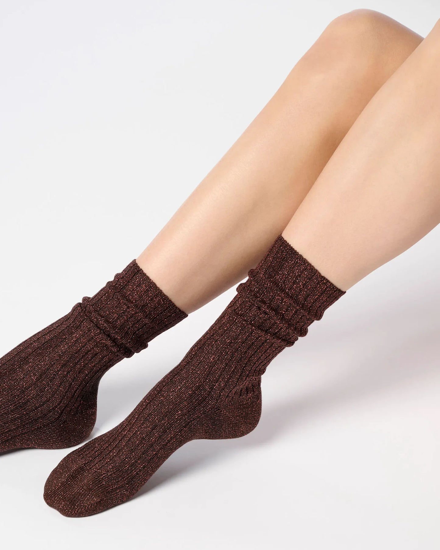 Bronze ribbed scrunched ankle socks with sparkly silver lamé 