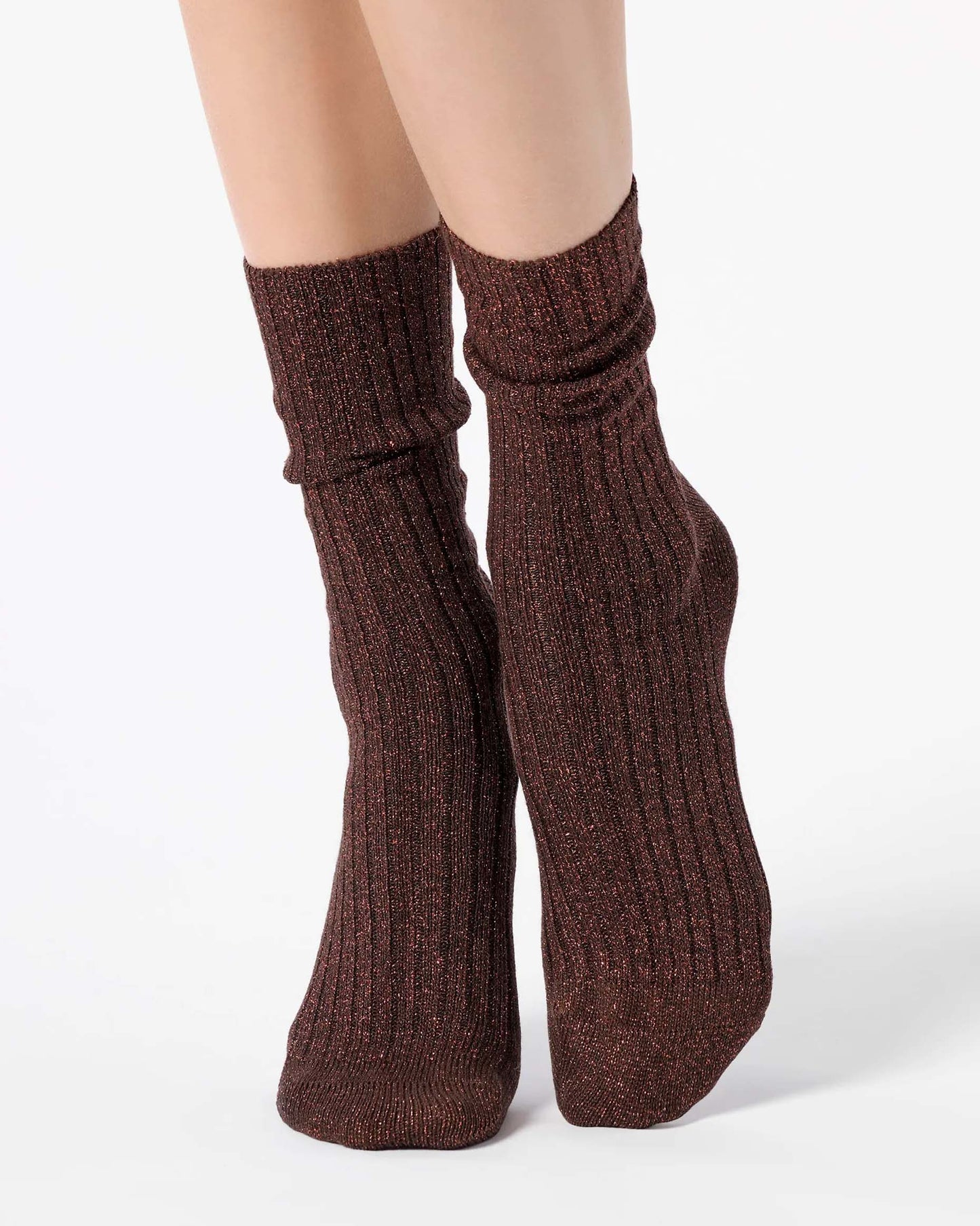 Bronze ribbed scrunched ankle socks with sparkly silver lamé 
